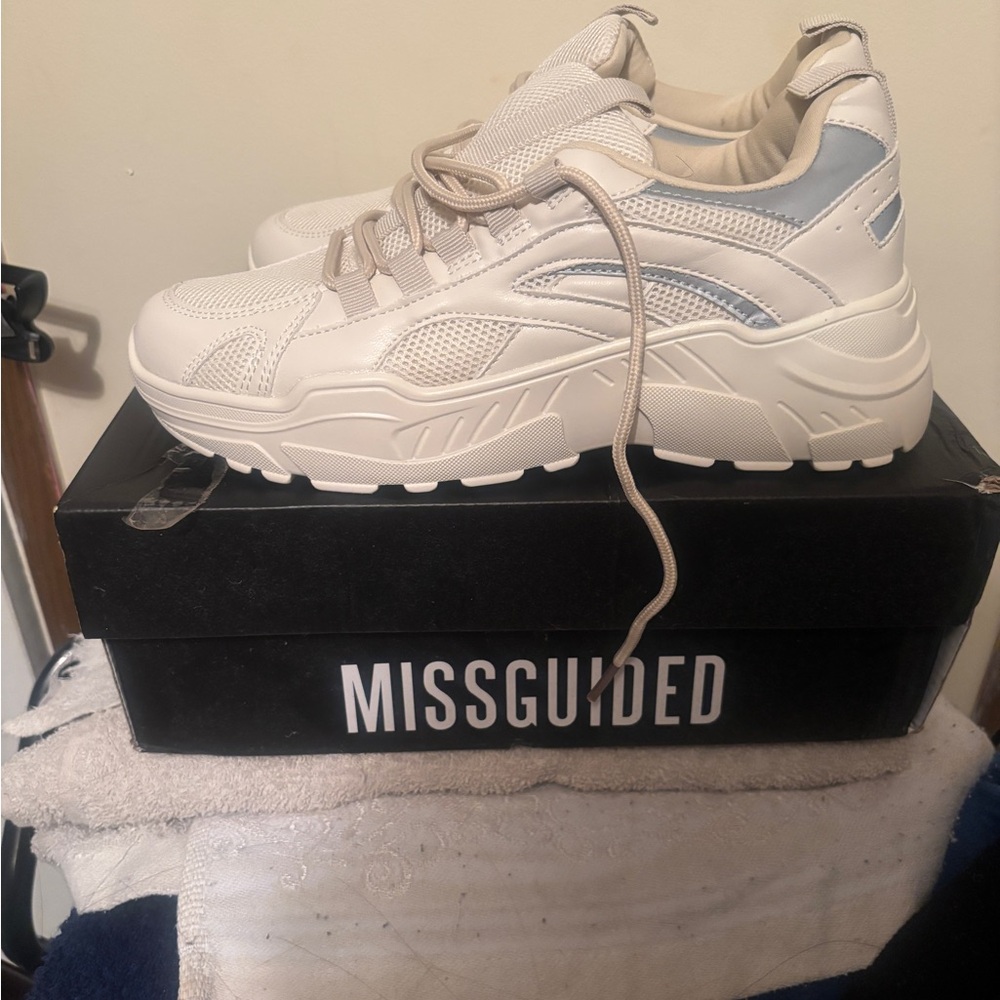 Missguided Cream and Light Blue Chunky Sneakers Size 6